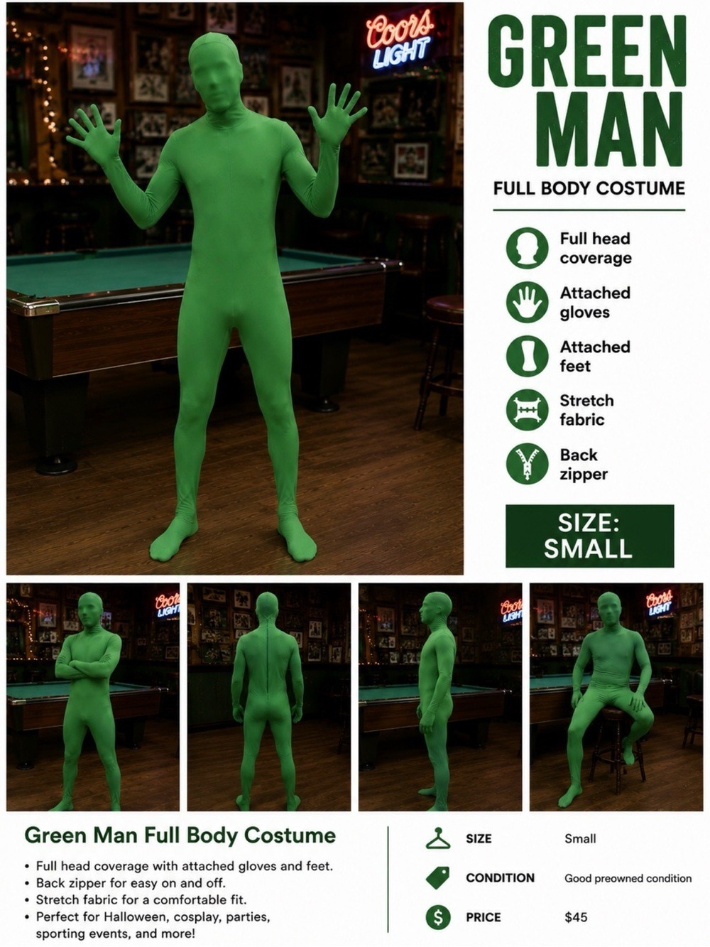 🎃 Full-Body Green Man Suit - Adult Small